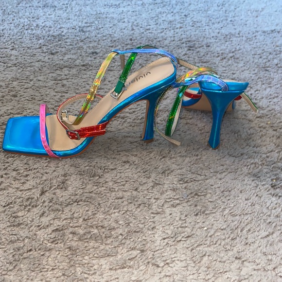 Blue multi color square toe strap heel sandals - Picture 2 of 3